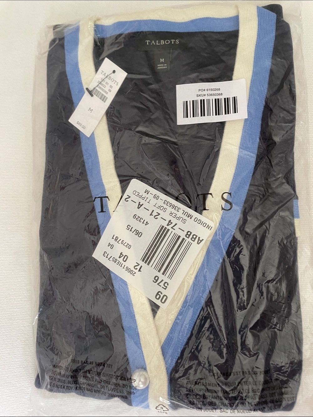 Talbots Navy Cardigan with Light Blue and Cream Trim